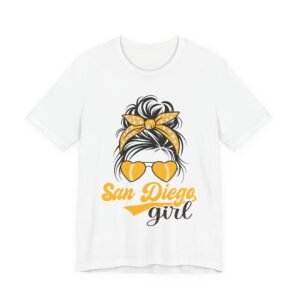 San Diego Girl Tee — Yellow Heart Sunglasses Messy Bun Graphic T-Shirt