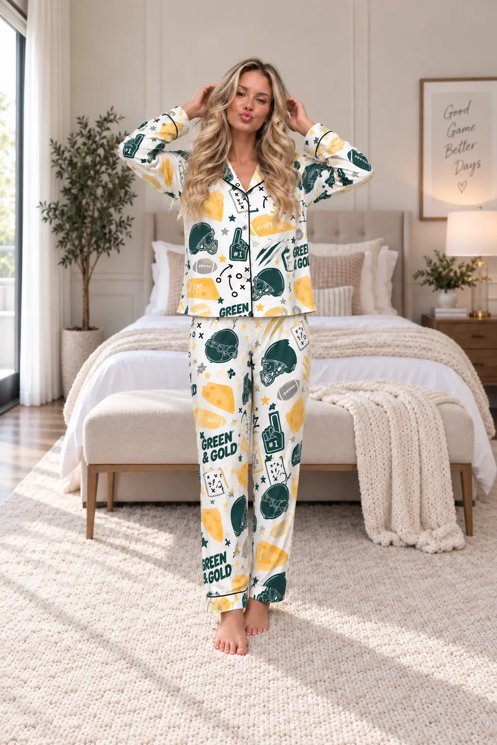 Green Bay Women’s Satin Pajama Set – Football Sleepwear - Image 2