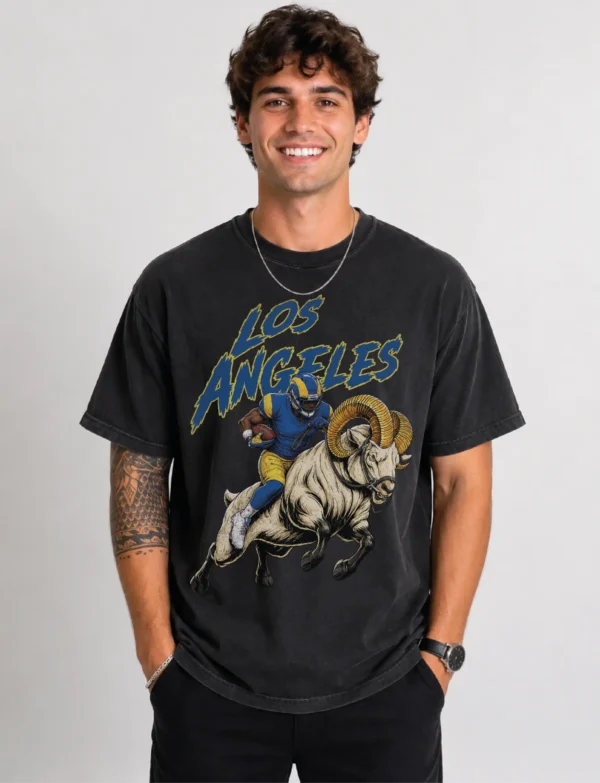 Los Angeles Football FOOTBALL SHIRT – VINTAGE COMFORT COLORS TEE Los Angeles Football football shirt with vintage player and ram graphic on black Comfort Colors tee