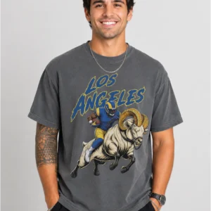Los Angeles Football Football Shirt featuring a bold vintage-style football player and ram illustration printed on a soft black Comfort Colors tee. A great game day, tailgate, or gift shirt for Los Angeles Football fans.