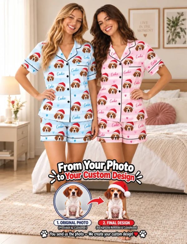 chrs-01 Christmas Custom Pet Pajamas – Personalized Santa Hat Dog Photo Set for Women