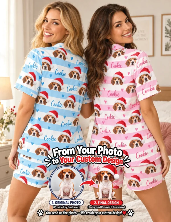 chrs-02 Christmas Custom Pet Pajamas – Personalized Santa Hat Dog Photo Set for Women