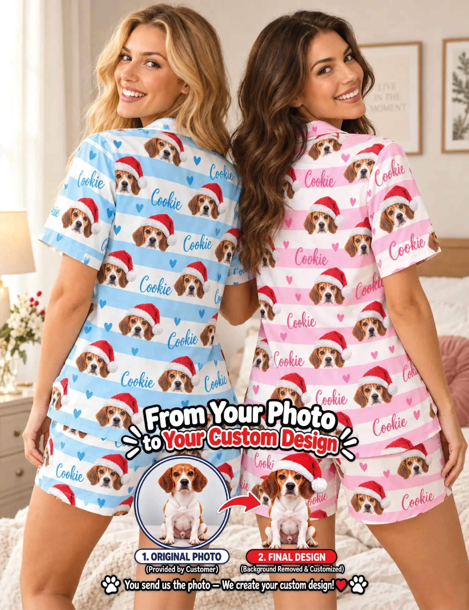 Christmas Custom Pet Pajamas – Personalized Santa Hat Dog Photo Set for Women