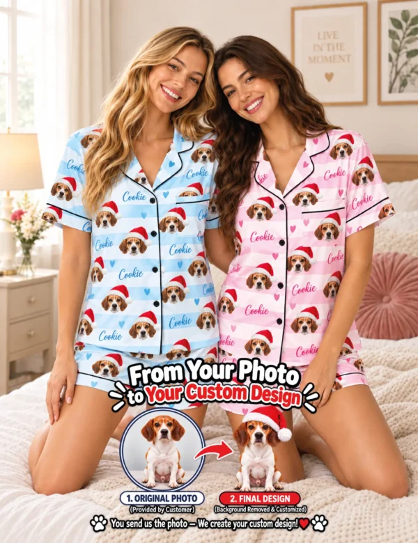 chrs-03 Christmas Custom Pet Pajamas – Personalized Santa Hat Dog Photo Set for Women
