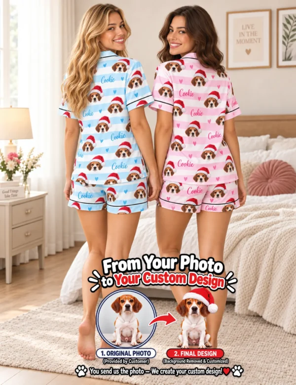 chrs-04 Christmas Custom Pet Pajamas – Personalized Santa Hat Dog Photo Set for Women
