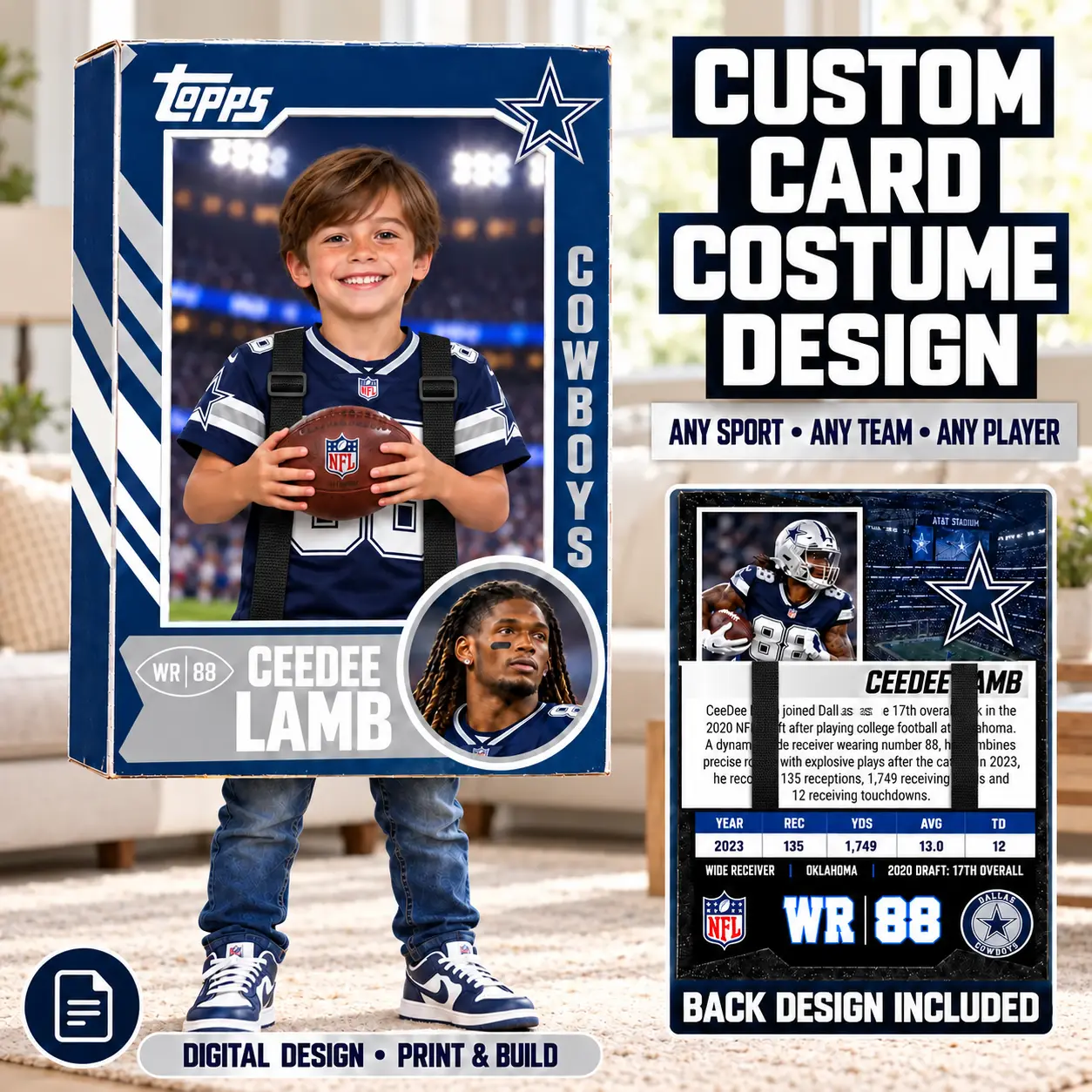 Custom Sports Trading Card Costume | DIY Wearable Sports Card | Editable Design | Baseball Card | Personalized | Halloween Costume. Digital File - Dallas